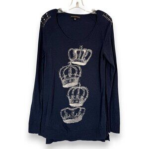 Y2K Crown Graphic Tunic Sweater Top Blue Medium